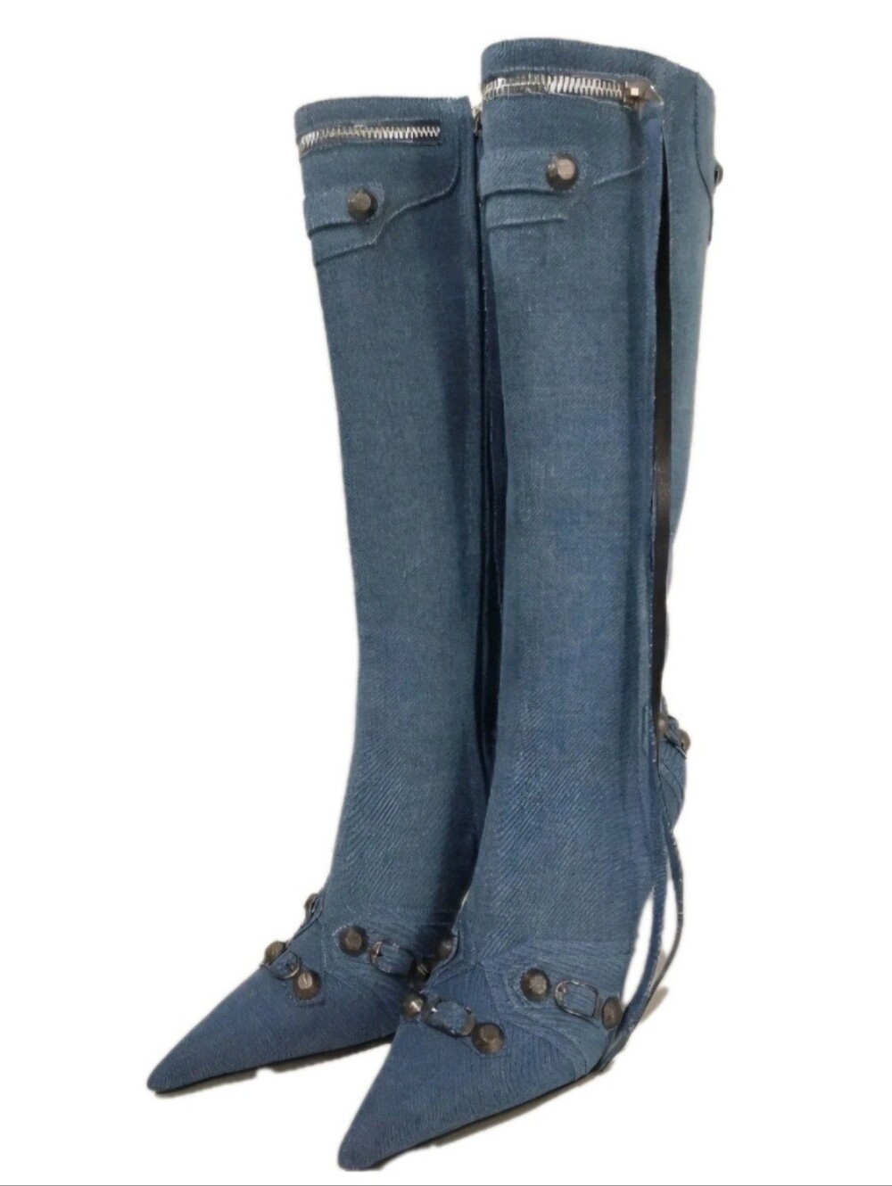 Denim Knee High Pointed Toe Stiletto Boots w Studs And Pin Buckle Strap Sz 8.5 - Picture 5 of 12